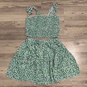 SHEIN Green Floral Smocked Crop Top & Skirt Set